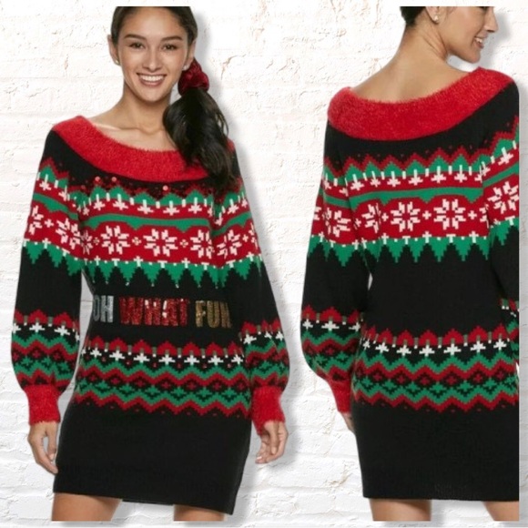 Ugly Christmas Sweater Dresses & Skirts - It's Our Time "Oh What Fun" Ugly Christmas Tunic Sweater Dress Size Small